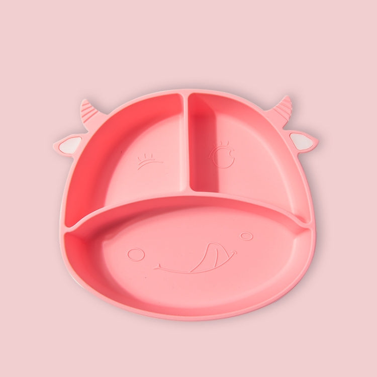 M010094 Children Silicone Dinner Plate Gridded Anti-Fall Eating Bowl Baby Cartoon Complementary Food Non-Slip Suction Cup Bowl — Cow-Pink