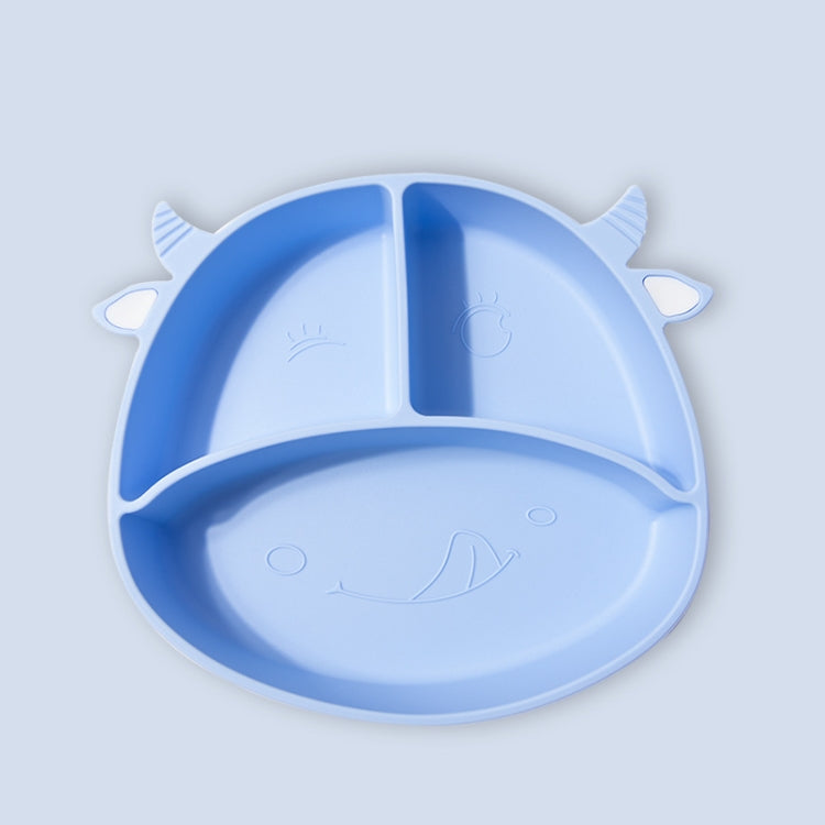 M010094 Children Silicone Dinner Plate Gridded Anti-Fall Eating Bowl Baby Cartoon Complementary Food Non-Slip Suction Cup Bowl — Cow-Blue