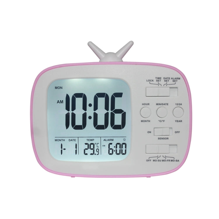 G179 Retro TV Alarm Clock Student Dormitory Bed Electronic Clock — Pink English Version