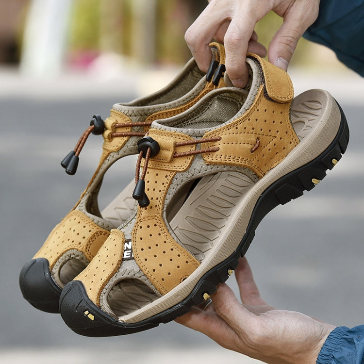 Summer Large Size Men Beach Shoes Leather Breathable Wading Casual Sandals — Gold