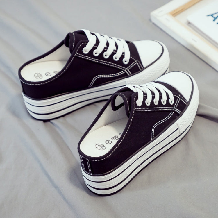 Women Thick-Soled Inner Heightened Semi-Slipper Canvas Shoes Lazy One-Legged Platform Shoes — view 16