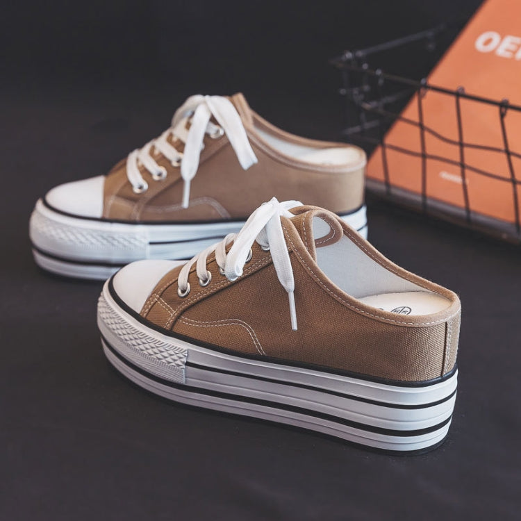 Women Thick-Soled Inner Heightened Semi-Slipper Canvas Shoes Lazy One-Legged Platform Shoes — view 17