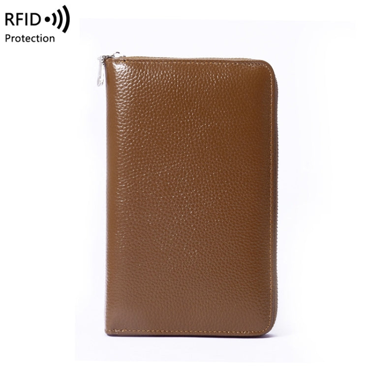 1659 Leather Belly Passport Bag RFID Long Wallet Men And Women Documents Package Multi-Function Zipper Mobile Phone Package — Wine Red