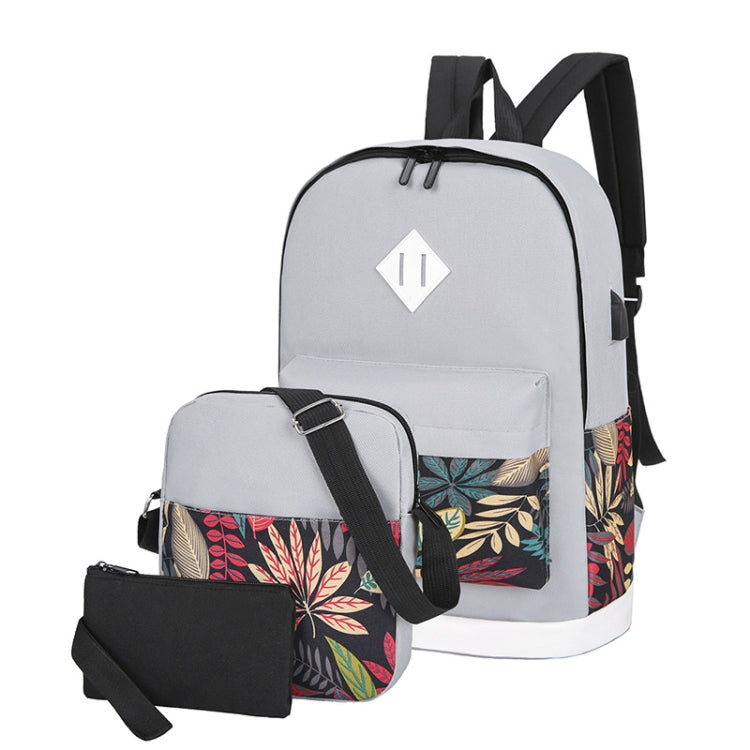 3 in 1 College Style Casual Backpack Student USB Charging Backpack — Leaf Black