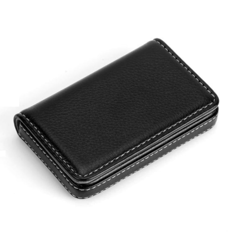 PU Leather Metal Business Card Holder Magnetic Lychee Stainless Steel Business Card Case — Blue