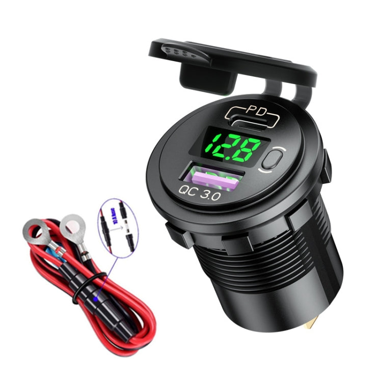 12V Modified Car USB Charger With Voltage Display PD QC3.0 Socket — With 60cm Line Green Light