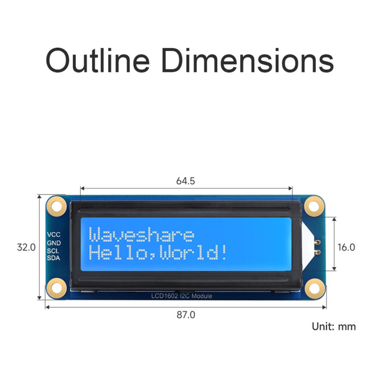 Waveshare 23991 LCD1602 I2C Module, White with Blue Background, 16x2 Characters, 3.3V/5V — view 3