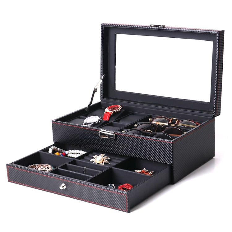 Carbon Fiber PU Leather Watch Box Jewelry Storage Box Packaging Box, Style: — 6 + 3 Red Black