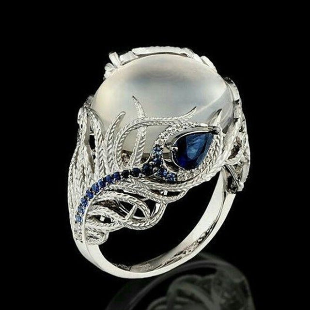 Vintage Silver Hollow Natural Opal Rings Feather Pattern Rings for Women Jewelry — view 9