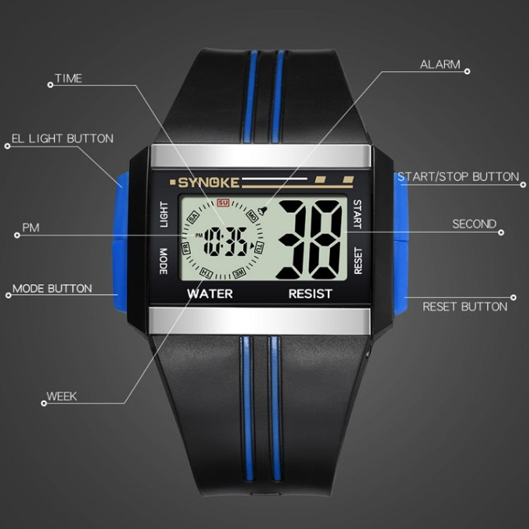 SYNOKE 9222 Men Large Screen Square Multi-Function Waterproof Luminous Electronic Watch — view 6