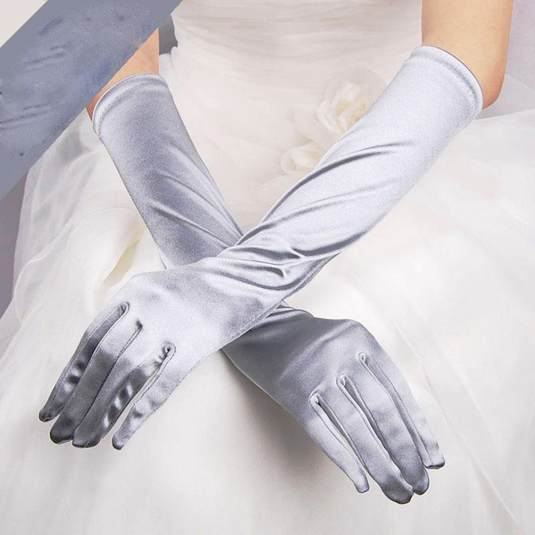 1pair Bride Gloves Satin Long Vintage Travel Sunscreen Dress Wedding Gloves — Brown