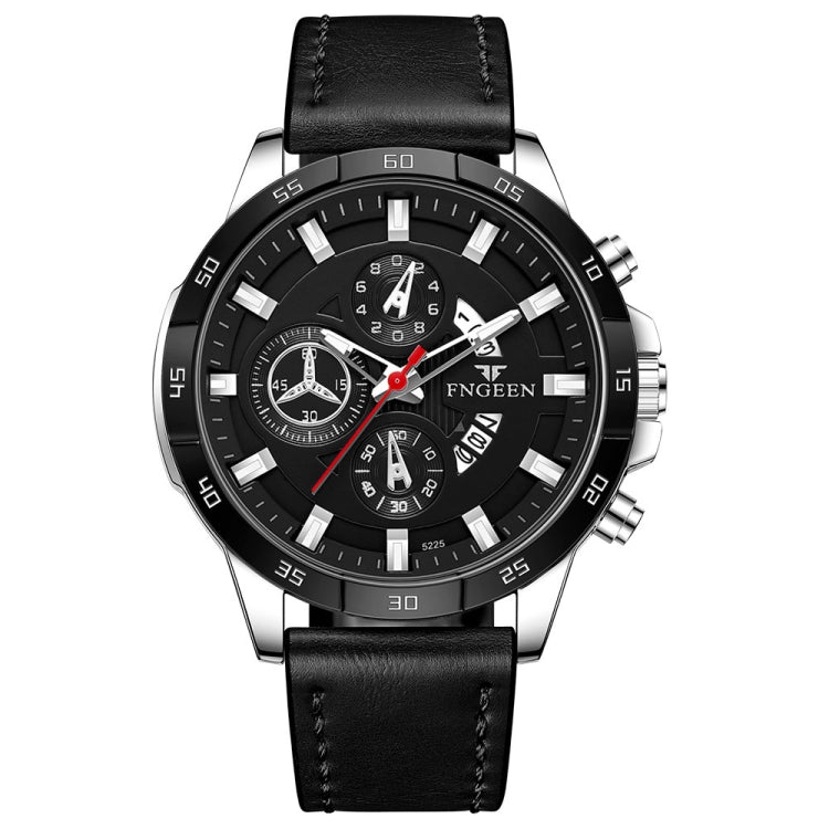 FNGEEN 5225 Multifunctional Waterproof Quartz Watch — Black Leather Black Shell Black Surface