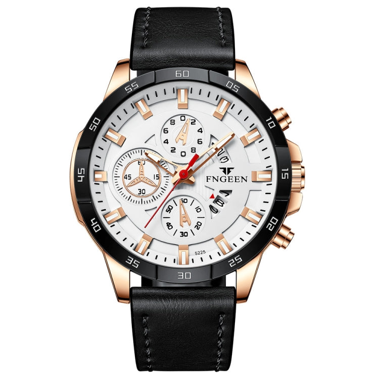 FNGEEN 5225 Multifunctional Waterproof Quartz Watch — Black Leather White Shell Black Surface