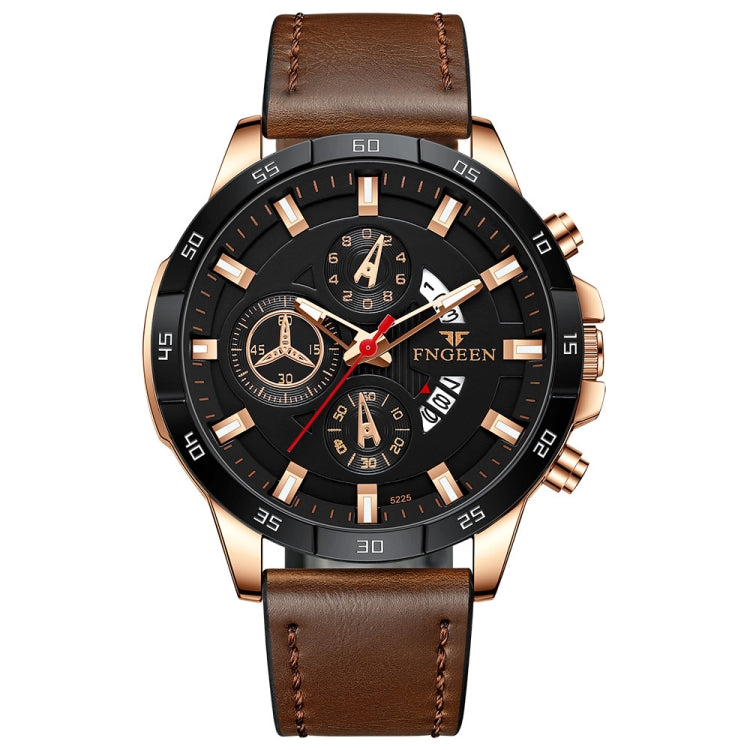 FNGEEN 5225 Multifunctional Waterproof Quartz Watch — Black Leather Rose Shell White Surface