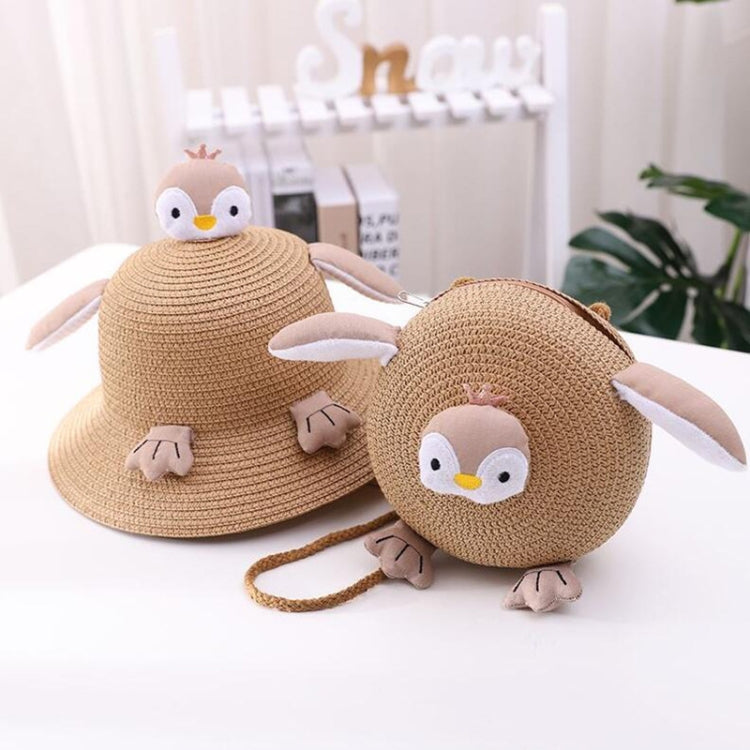 Girls Sunshade Bucket Hat Children Penguin Straw Hat & Bag Set — Green