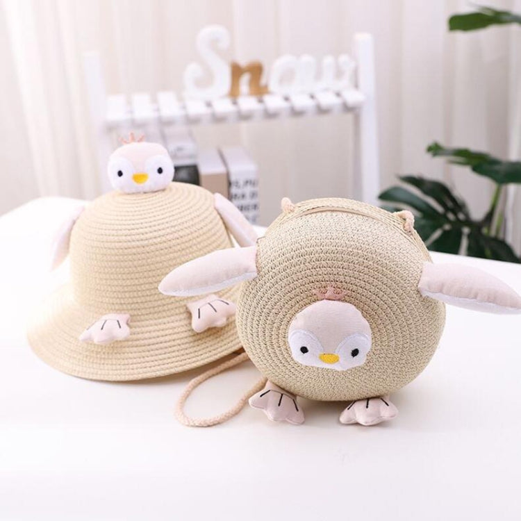 Girls Sunshade Bucket Hat Children Penguin Straw Hat & Bag Set — Khaki