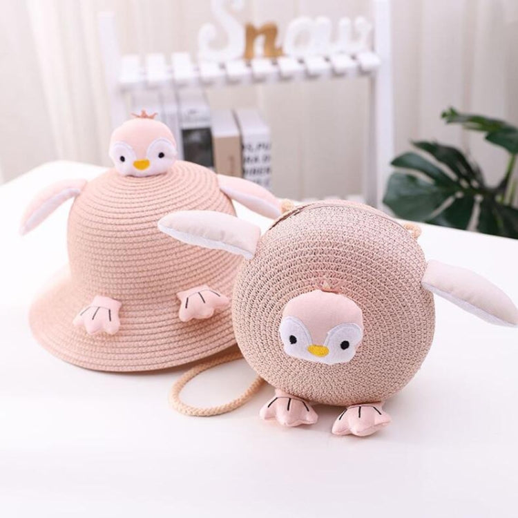 Girls Sunshade Bucket Hat Children Penguin Straw Hat & Bag Set — Beige