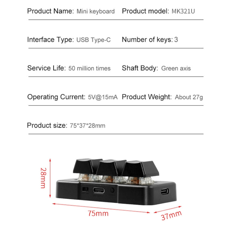 MK321 3 Keys Custom Keys Game Office PS Clip Macro Programming Keypad, Cable Length: 1.5m