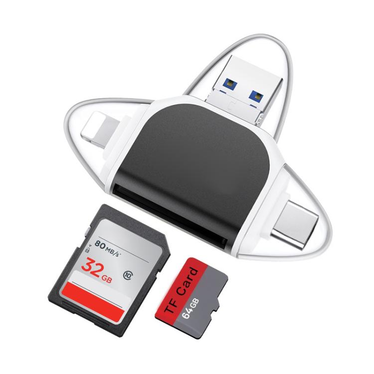 R015 USB2.0 & Micro USB+8Pin+Type-C 4 In 1 Card Reader Supports SD/TF Card