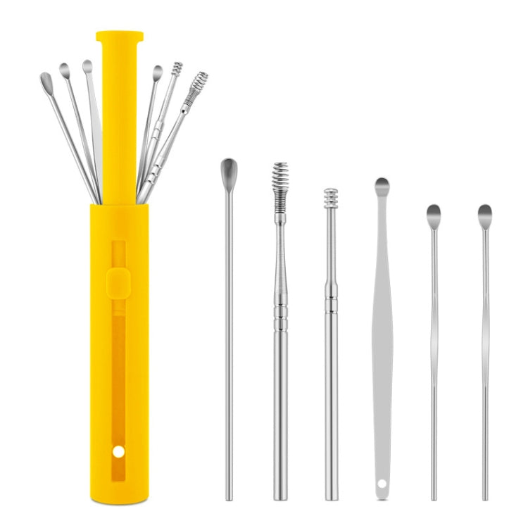 1 Pack Push-Pull Cylinder Storage Ear Scoop Set, Specification: 6 PCS/Set Black — 6 PCS/Set Yellow