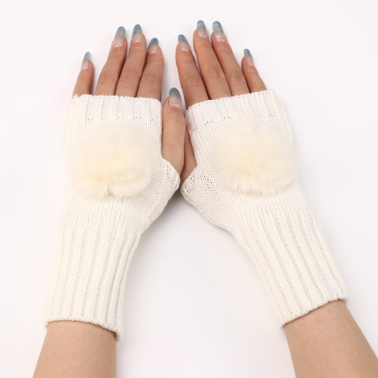 Autumn And Winter Women Fingerless Fur Ball Gloves Knitted Wool Warm Sleeves — Dark Gray