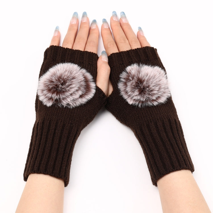 Autumn And Winter Women Fingerless Fur Ball Gloves Knitted Wool Warm Sleeves — Wine Red