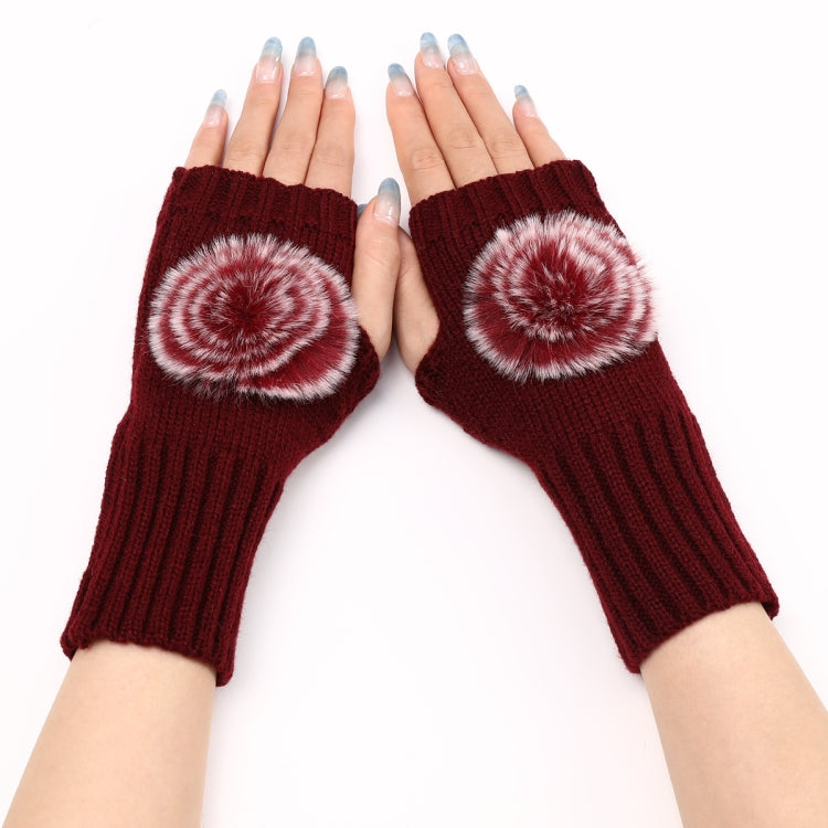 Autumn And Winter Women Fingerless Fur Ball Gloves Knitted Wool Warm Sleeves — Khaki