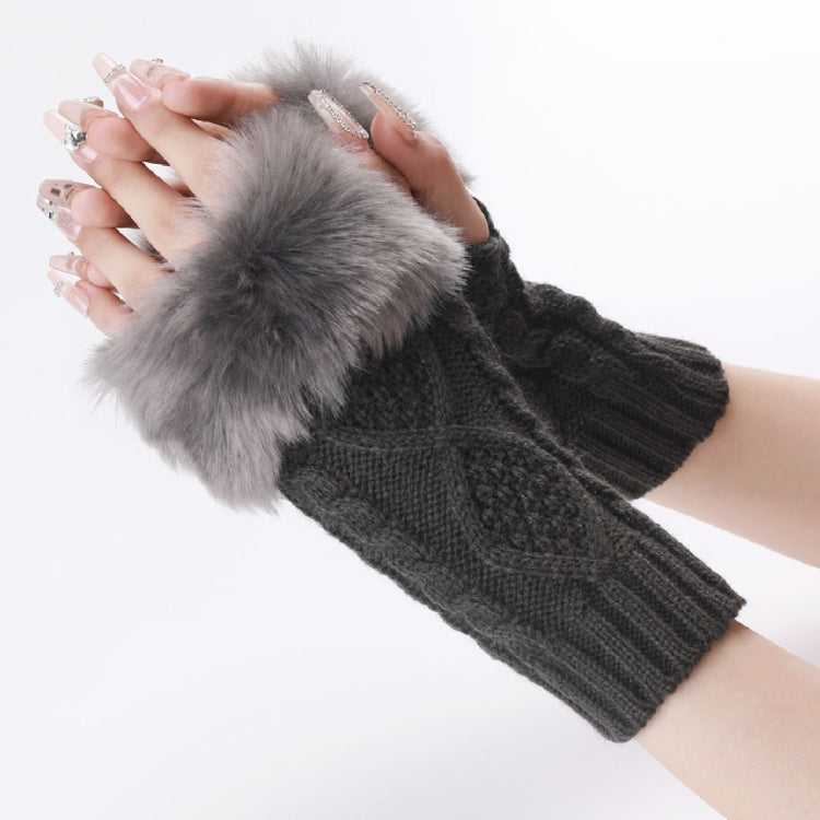 Ladies Short Type Furry Gloves Diamond Knit Warm Fingerless Arm Sleeves — Light Grey