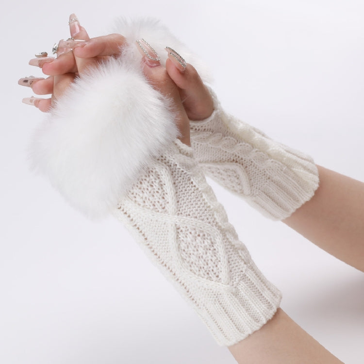 Ladies Short Type Furry Gloves Diamond Knit Warm Fingerless Arm Sleeves — Black