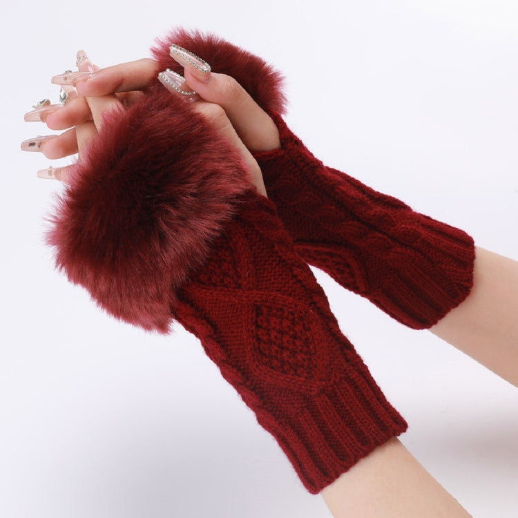 Ladies Short Type Furry Gloves Diamond Knit Warm Fingerless Arm Sleeves — Tibetan