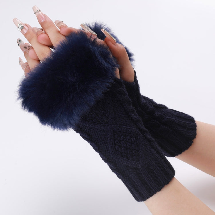 Ladies Short Type Furry Gloves Diamond Knit Warm Fingerless Arm Sleeves — Coffee
