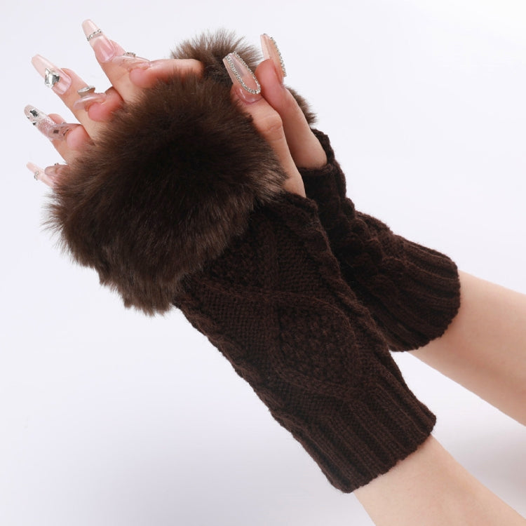 Ladies Short Type Furry Gloves Diamond Knit Warm Fingerless Arm Sleeves — Khaki