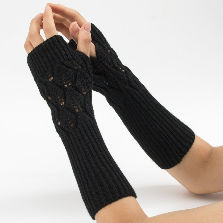 Winter Men and Women Knitted Jacquard Leaves Cycling Warm Fingerless Wool Gloves — Purple