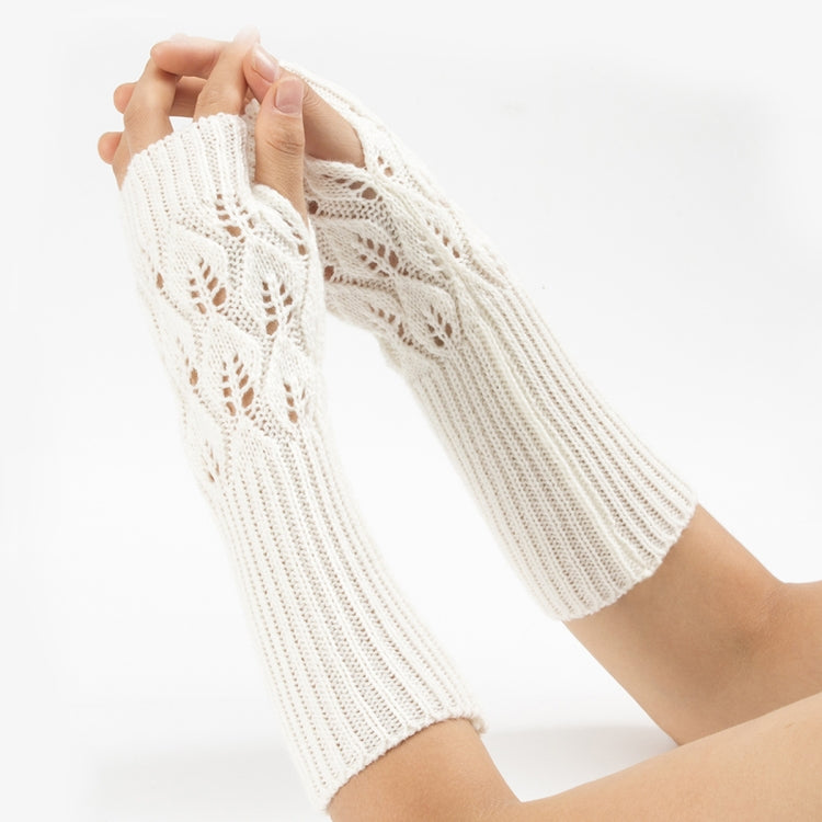 Winter Men and Women Knitted Jacquard Leaves Cycling Warm Fingerless Wool Gloves — Black