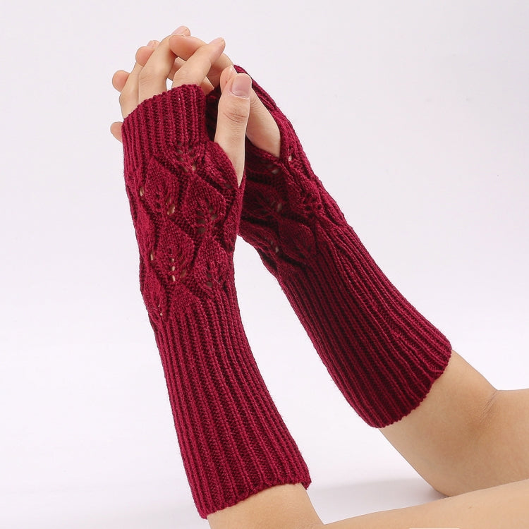 Winter Men and Women Knitted Jacquard Leaves Cycling Warm Fingerless Wool Gloves — White