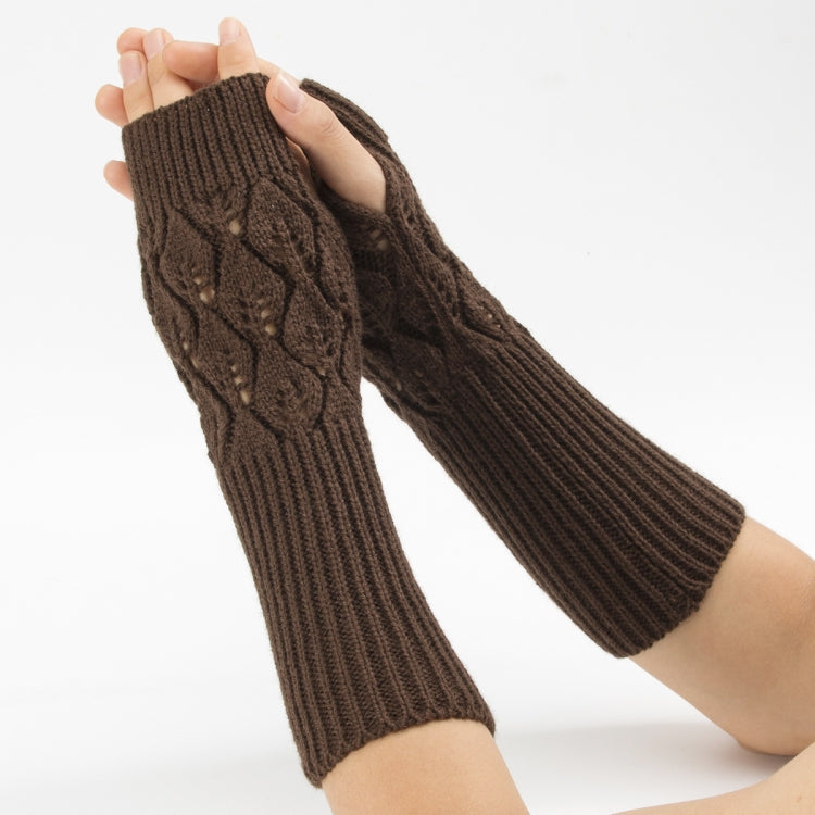 Winter Men and Women Knitted Jacquard Leaves Cycling Warm Fingerless Wool Gloves — Shallow Gray