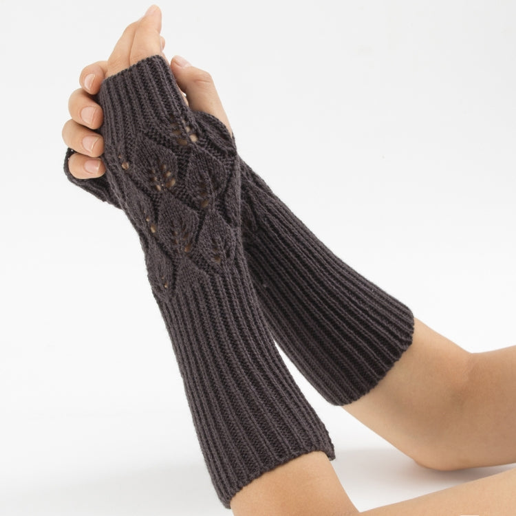 Winter Men and Women Knitted Jacquard Leaves Cycling Warm Fingerless Wool Gloves — Coffee