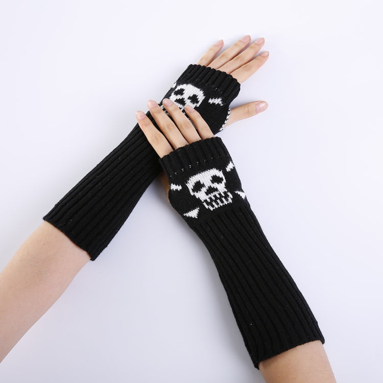 Jacquard Skull Fingerless Warm Gloves Knit Ski Gloves — White