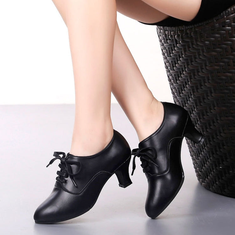 Latin Dance Shoes Women Leather Square Dance Soft Soled Medium Heels Shoes — 40