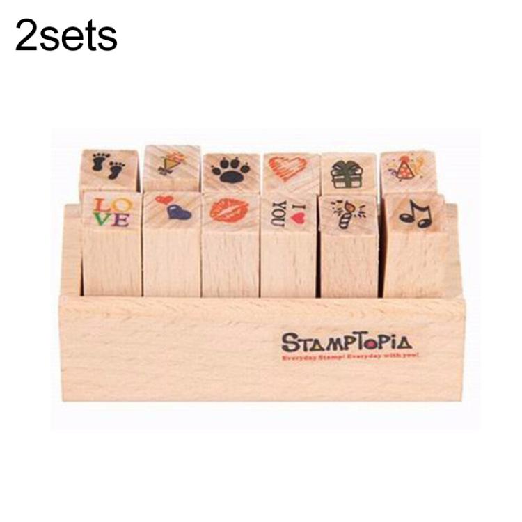 2 Sets D25 12PCS/Set Wooden Cartoon Handbook Decoration Stamps