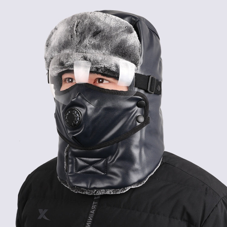 Leather Lei Feng Hat Winter Warm Ear Protection Cotton Cap, Style: — Transparent Lens Black