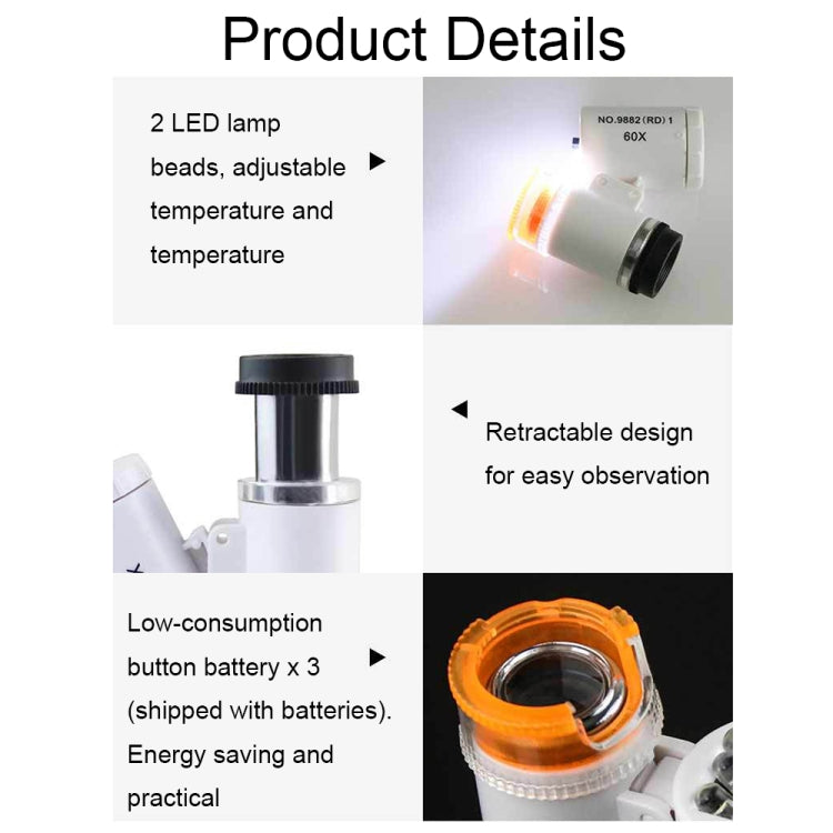 9882(RD) 60X Mini HD Banknote Detection Optical Microscope with LED Light, Color: