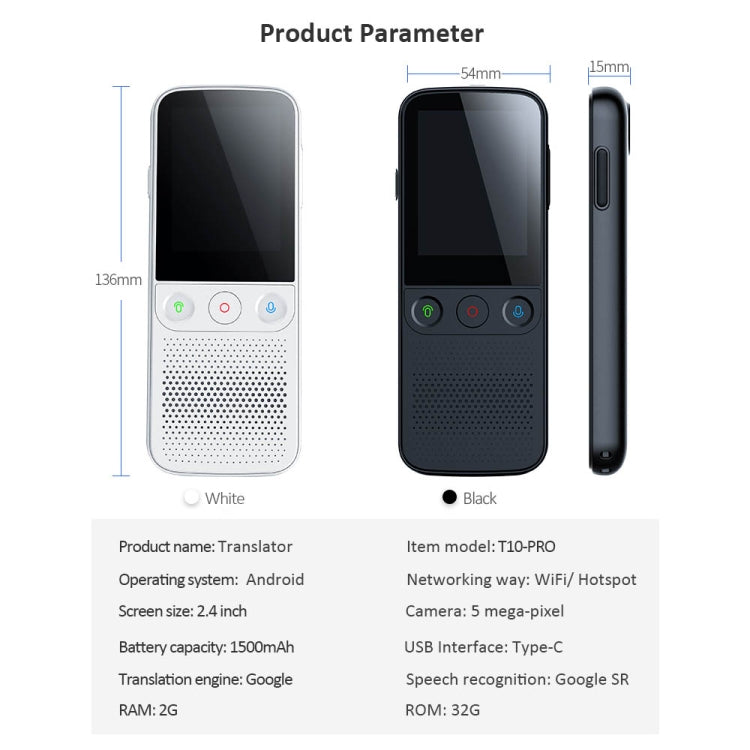 T10Pro Wifi Artificial Intelligence Photo / Recording Translating Machine Supports 138 Languages, T10Pro White, T10Pro Black