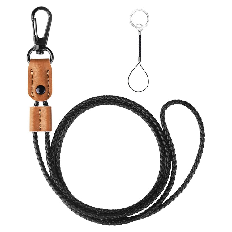 Hand -Woven PU Leather Lanyard Neck Strap For Phone Badge ID Credit Work Card — Black