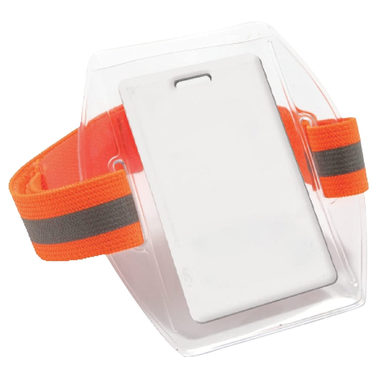 PVC Soft Plastic Card Holder Polyester Reflective Wristband Badge Card Holder Arm Adjustable ID Badge — Black