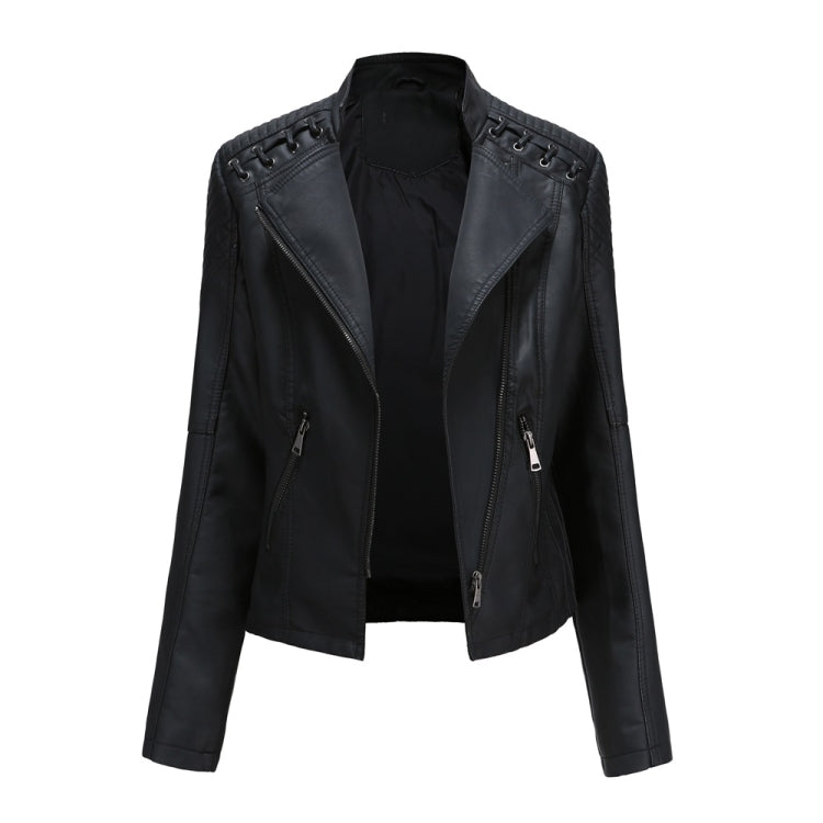 Women Short Leather Jacket Slim Jacket Motorcycle Suit — Navy