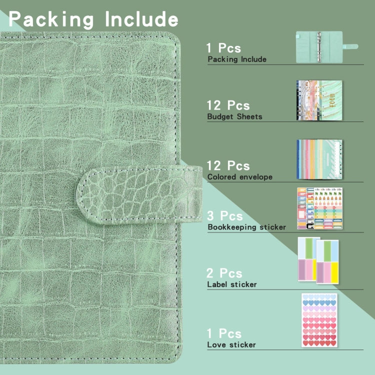 A6 Crocodile Pattern PU Leather Loose-Leaf Binder Budget Notebook Cash Envelope Organizer — Crocodile Pattern (Glaze Blue)