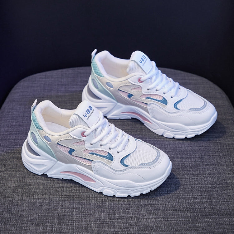 811-1 Spring Breathable Casual Shoes Leather-paneled Mesh Ladies Sports Shoes — White Blue