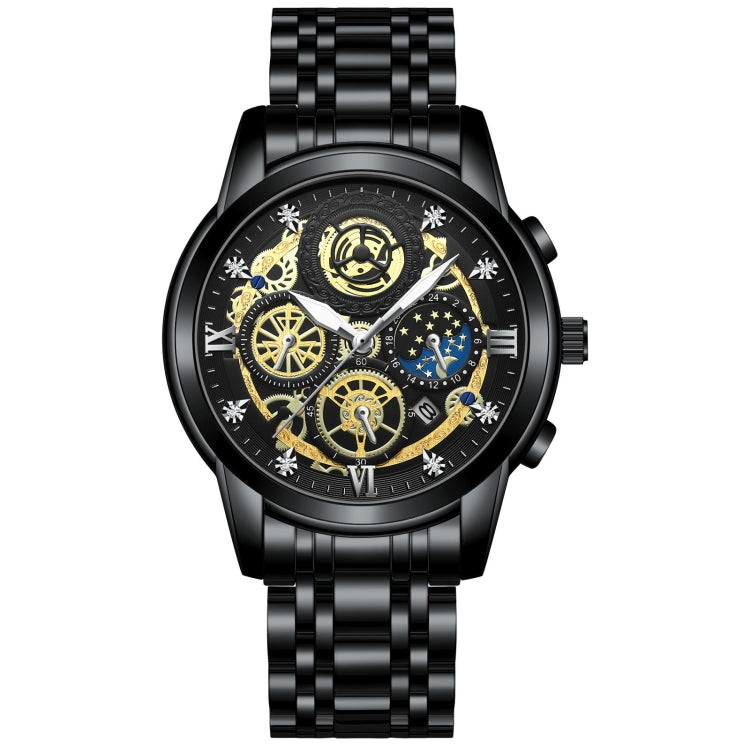 BINBOND 4010 Multifunctional Waterproof Hollowed Luminous Quartz Watch — Full Gold Black Surface