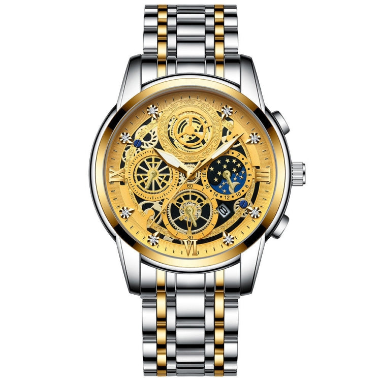 BINBOND 4010 Multifunctional Waterproof Hollowed Luminous Quartz Watch — Black Steel Black Surface